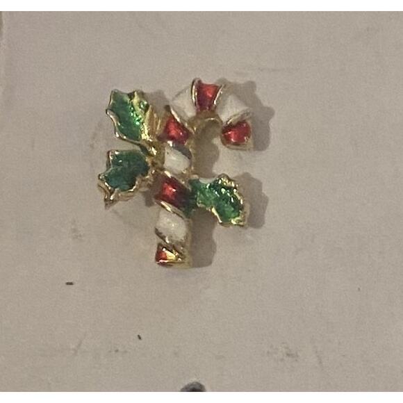 VTG Gold Tone 1/2" , Red, White and Green Candy Cane and Holly Tie Pin - Picture 1 of 2